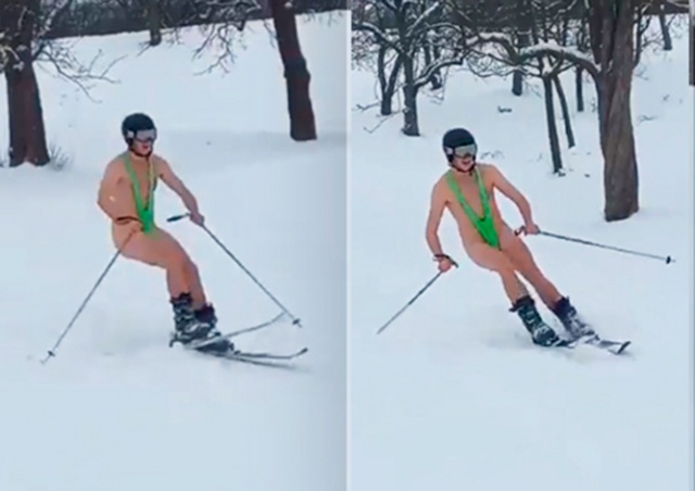 В Праге заметили лыжника в «костюме» Бората: видео